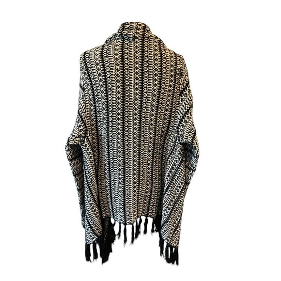 RXB Black White Striped Crochet Knit Fringed Cardigan SZ Large Western Aztec - Picture 4 of 10